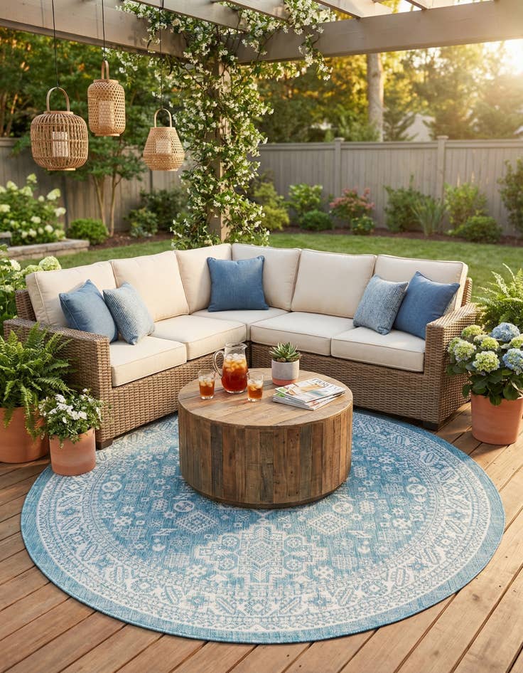 Detail image of  7' 10 x 7' 10  Washable Aztec Indoor / Outdoor Round Rug