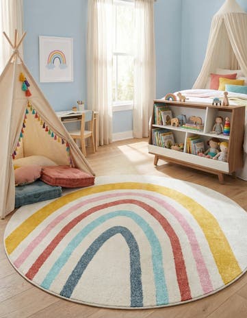7' 10 x 7' 10 Rainbow Whimsy Kids Round Rug