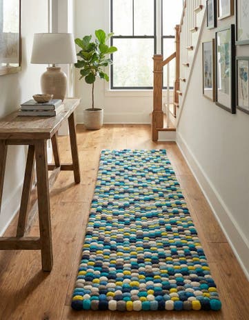 Blue Felt Ball Wool Runner Rug