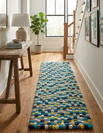 Blue Felt Ball Wool Runner Rug