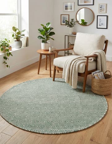 Green Hand Woven Geo Trellis Flatweave Round Rug
