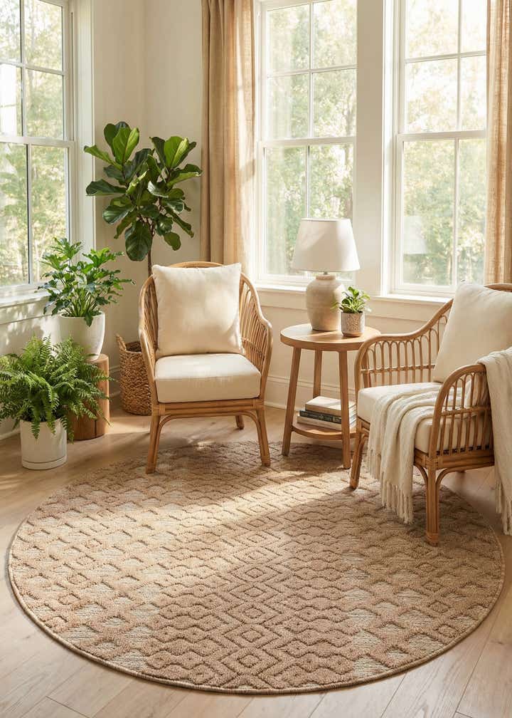 5' 3 x 5' 3 Easy-Clean Trellis Textured Indoor / Outdoor Round Rug