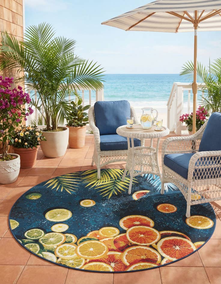 Detail image of 6' x 6'  Washable Coastal Indoor / Outdoor Round Rug