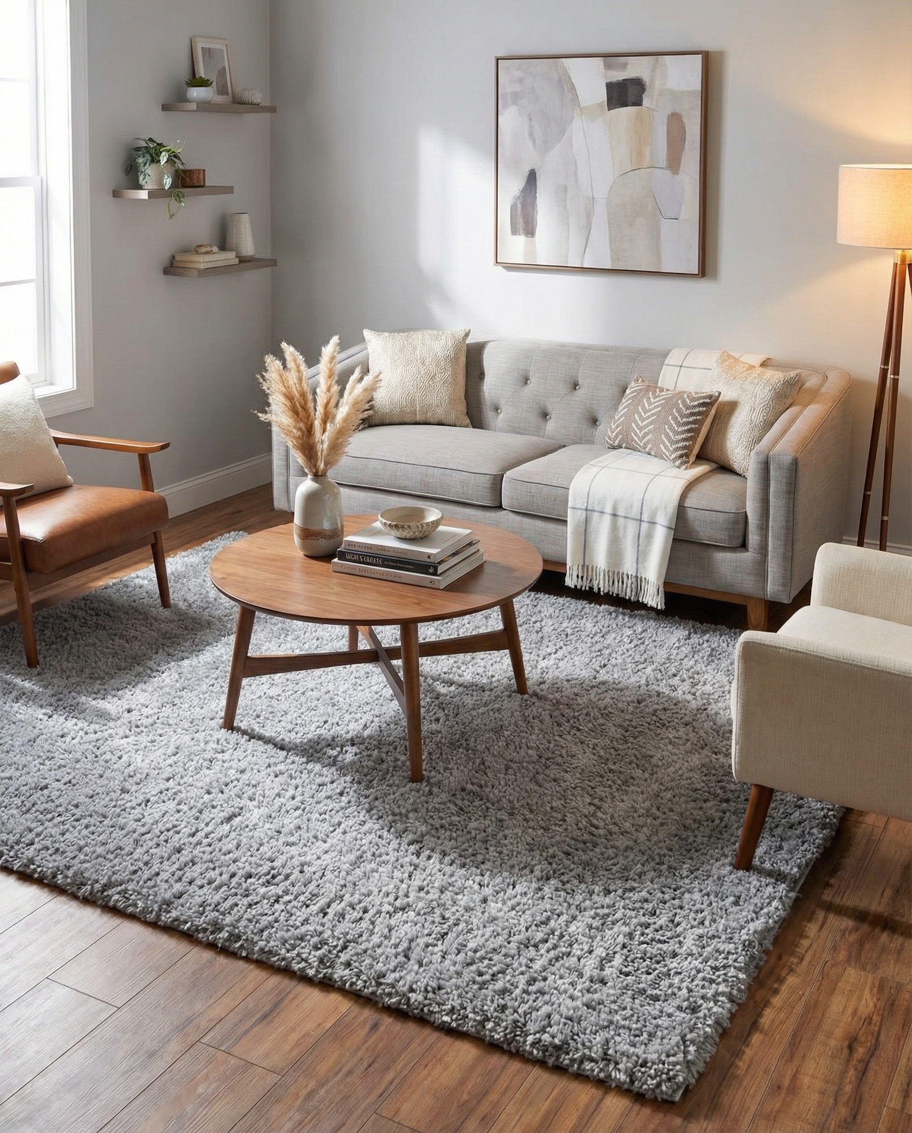 A soft, plush 5' 3 x 5' 3 square gray shag rug, ideal for adding comfort to any indoor space.