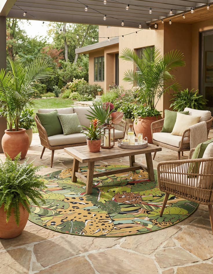 Detail image of 7' 10 x 7' 10  Washable Botanical Indoor / Outdoor Round Rug