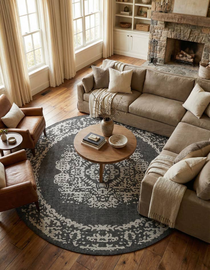 Detail image of 10' x 10' Easy-Clean Traditional Indoor / Outdoor Round Rug