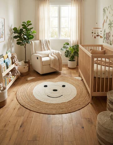 White and Natural Hand Braided Kids Braided Jute Round Rug