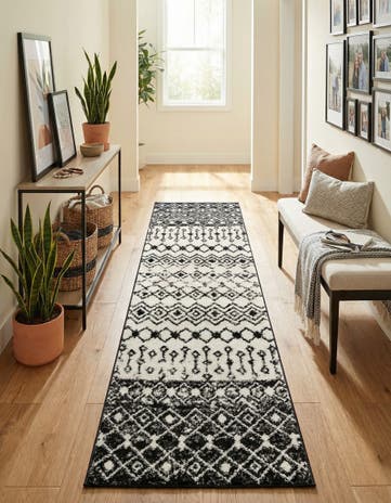Black and White Moroccan Trellis Runner Rug