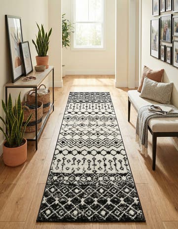 Black and White Moroccan Trellis Runner Rug