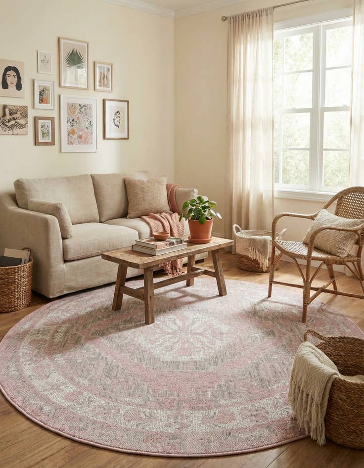 Detail image of 5' 3 x 5' 3  Washable Traditional Indoor / Outdoor Round Rug