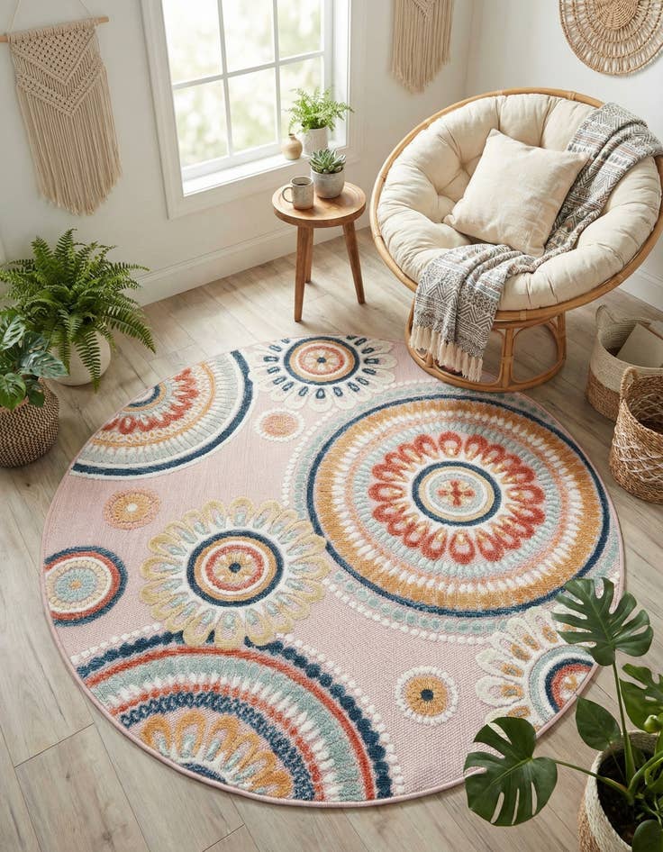 Detail image of  4' 5 x 4' 5  Washable Botanical Indoor / Outdoor Round Rug