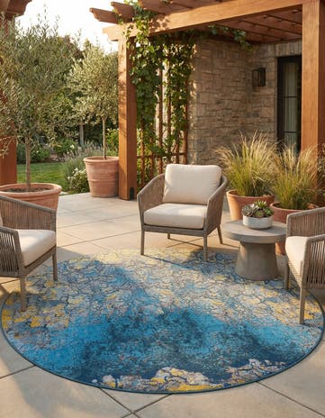 Gradient Blue Easy-Clean Modern Indoor / Outdoor Round Rug