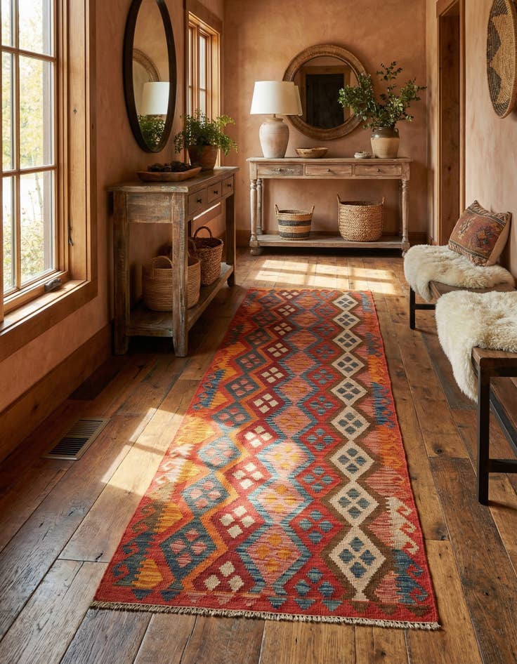 Detail image of  2' 9 x 9' 9  Hand Woven Kilim Maymana Wool Runner Rug