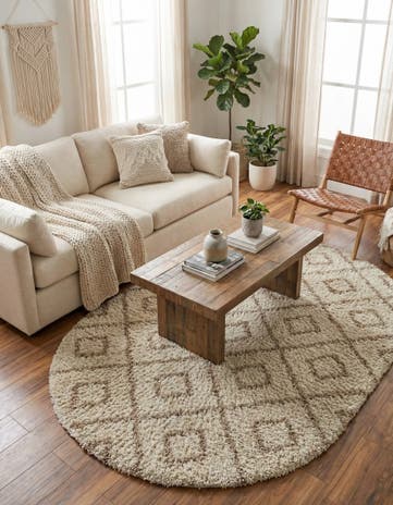 Beige Lattice Shag Oval Rug