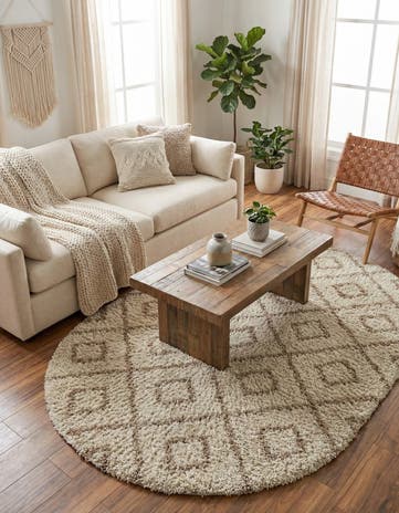 Beige Lattice Shag Oval Rug