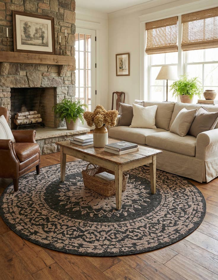 Detail image of 7' 10 x 7' 10 Easy-Clean Traditional Indoor / Outdoor Round Rug