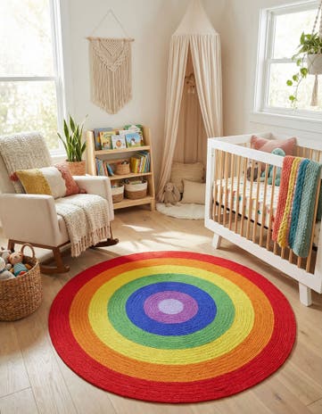 5' 1 x 5' 1 Handmade Hand Braided Rainbow Wool Round Rug