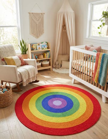 5' 1 x 5' 1 Handmade Hand Braided Rainbow Wool Round Rug