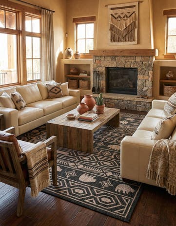 Black Easy-Clean Southwestern Indoor / Outdoor Square Rug