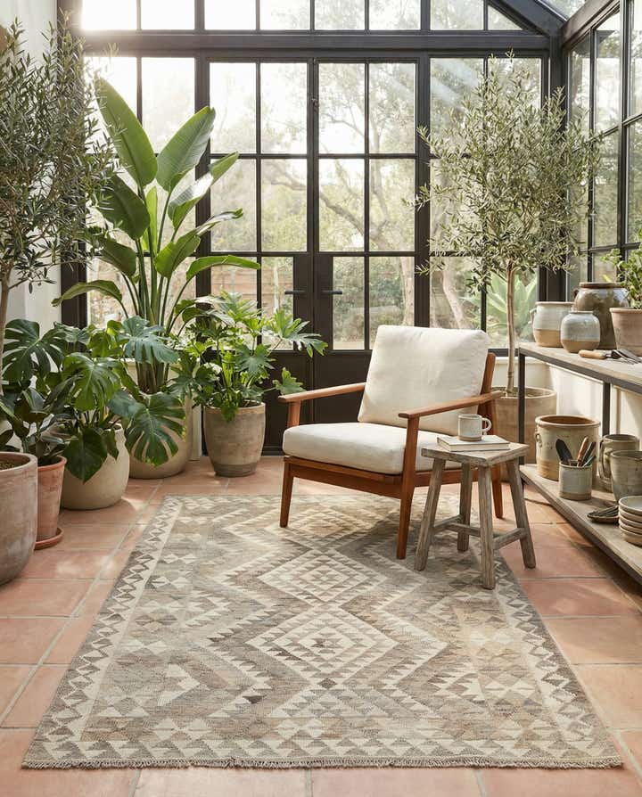 4' 2 x 6' 1 Hand Woven Kilim Maymana Wool Rug