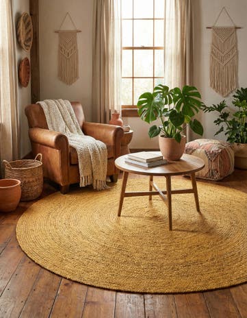 Yellow Handmade Braided Jute Round Rug