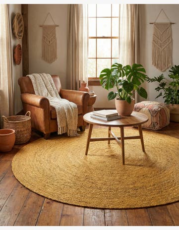 Yellow Handmade Braided Jute Round Rug