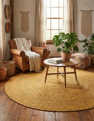 Yellow Handmade Braided Jute Round Rug