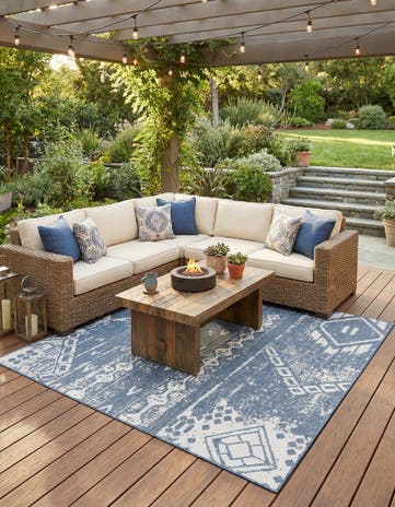 Blue Easy-Clean Bohemian Indoor / Outdoor Square Rug