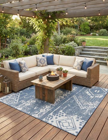 Blue Easy-Clean Bohemian Indoor / Outdoor Square Rug