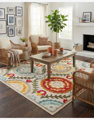 Ivory Beige Easy-Clean Casablanca Indoor / Outdoor Square Rug