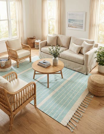 Aqua and White Hand Woven Chindi Cotton Rug