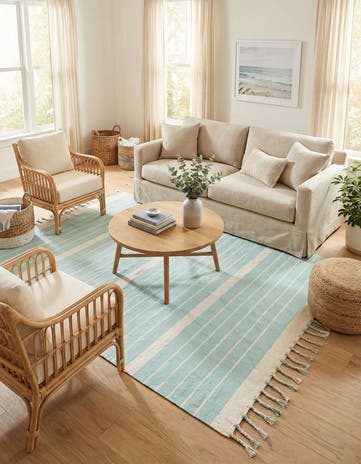 Aqua and White Hand Woven Chindi Cotton Rug
