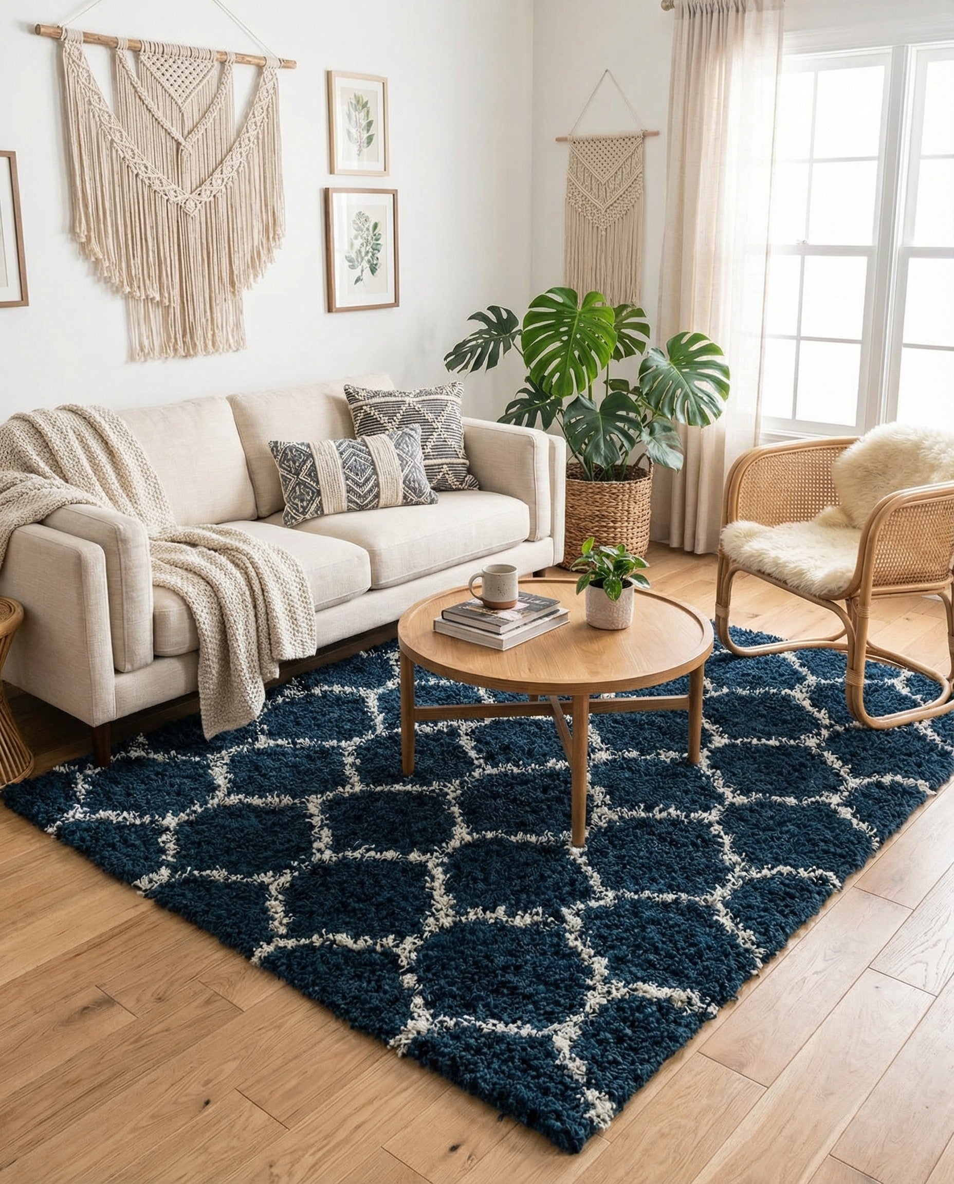 A 6'x6' square navy blue shag rug with a white modern lattice pattern, featuring a high/low textured pile.