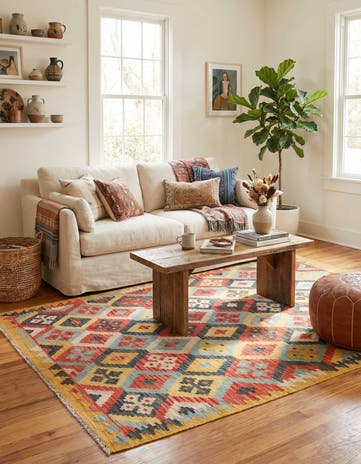 4' 3 x 5' 8 Hand Woven Kilim Maymana Wool Rug