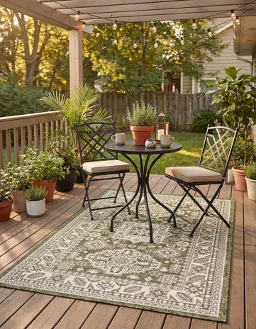 Green Easy-Clean Aztec Indoor / Outdoor Rug