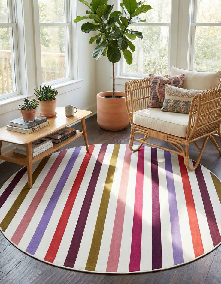 Detail image of 7' 10 x 7' 10  Washable Striped Indoor / Outdoor Round Rug