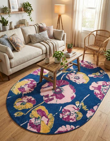 Navy Blue Bloom Oval Rug