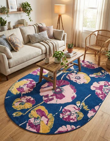 Navy Blue Bloom Oval Rug
