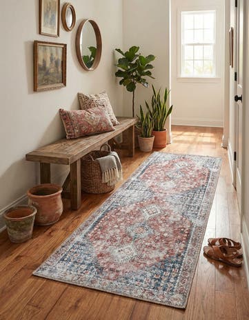 Red and Navy Blue Washable Yara Runner Rug