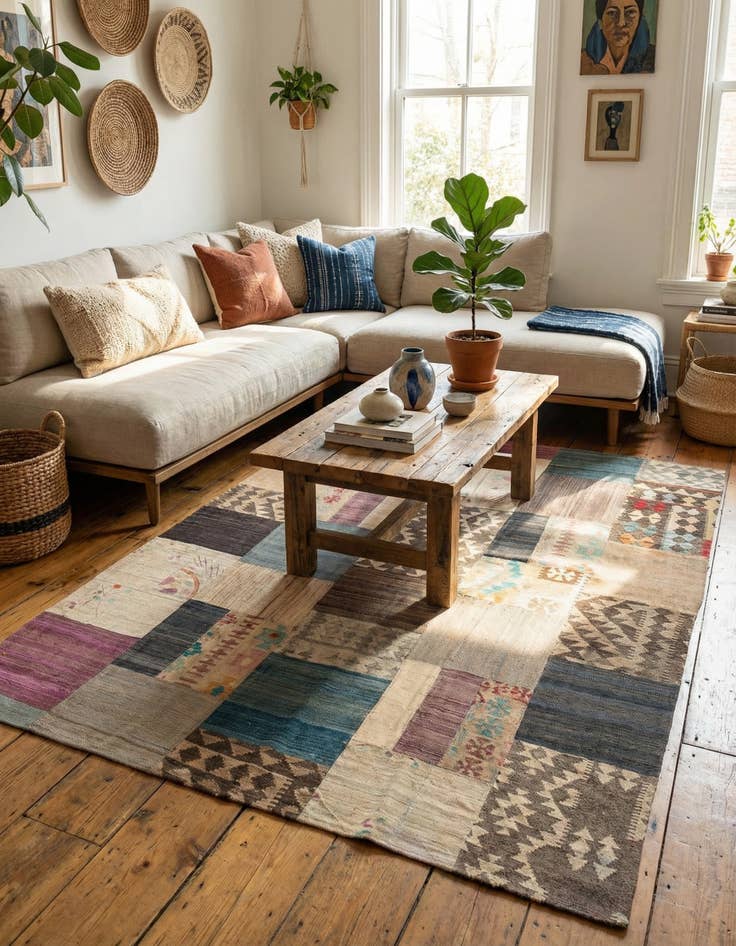 Detail image of  6' x 8'  Hand Woven Kilim Patchwork Wool Rug