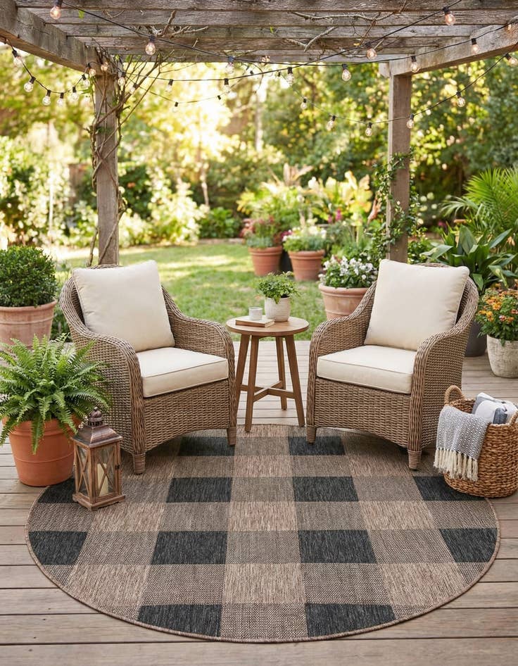 Detail image of 6' x 6'  Washable Checkered Indoor / Outdoor Round Rug