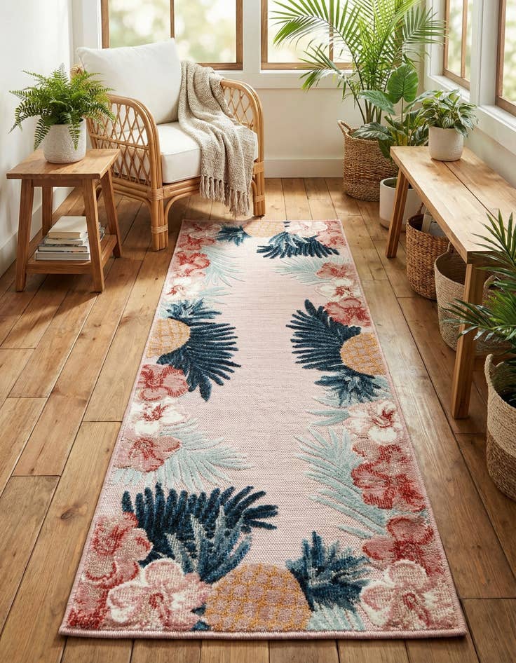Detail image of  2' 2 x 6'  Washable Botanical Indoor / Outdoor Runner Rug
