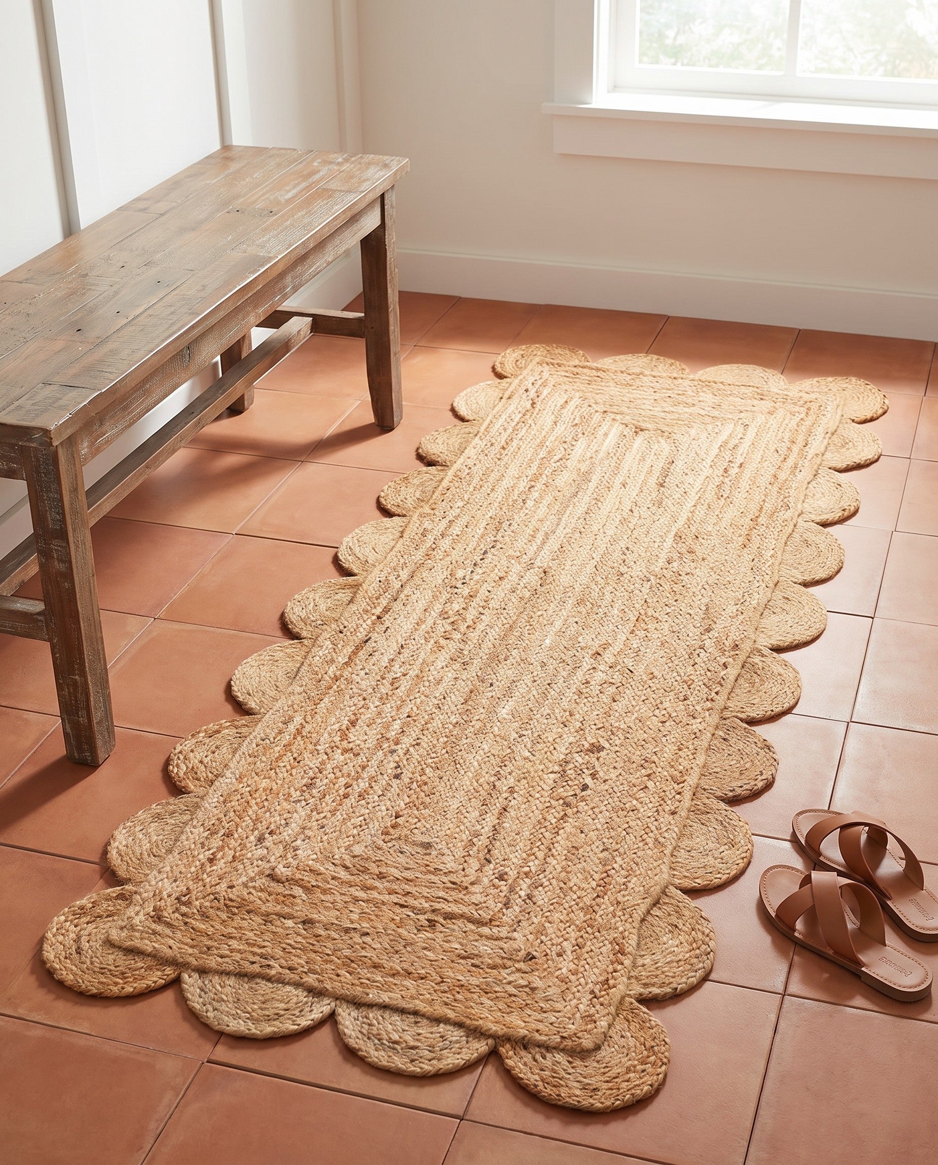 2' x 5' 1 Hand Woven Scallop Braided Jute Runner Rug