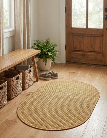 Corn Harvest Yellow Easy-Clean Solid Indoor / Outdoor Oval Rug