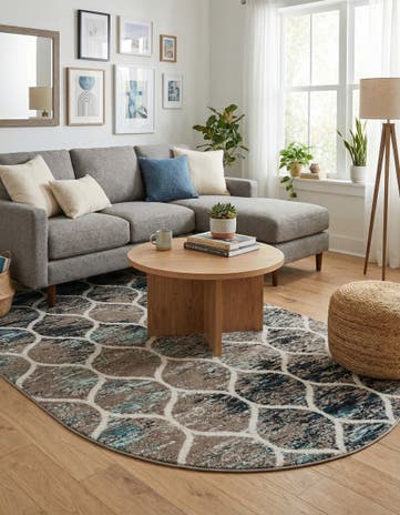 Blue Multi Lattice Frieze Oval Rug
