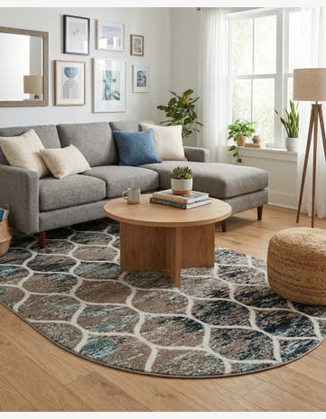 Blue Multi Lattice Frieze Oval Rug