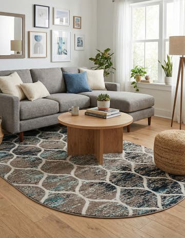 Blue Multi Lattice Frieze Oval Rug