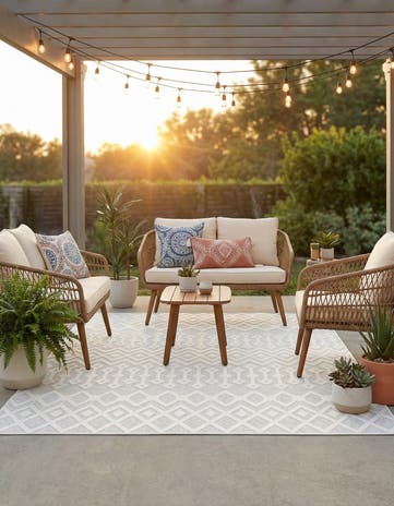 Ivory Easy-Clean Trellis Textured Indoor / Outdoor Square Rug