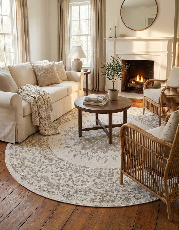 Detail image of 7' 10 x 7' 10 Easy-Clean Traditional Indoor / Outdoor Round Rug