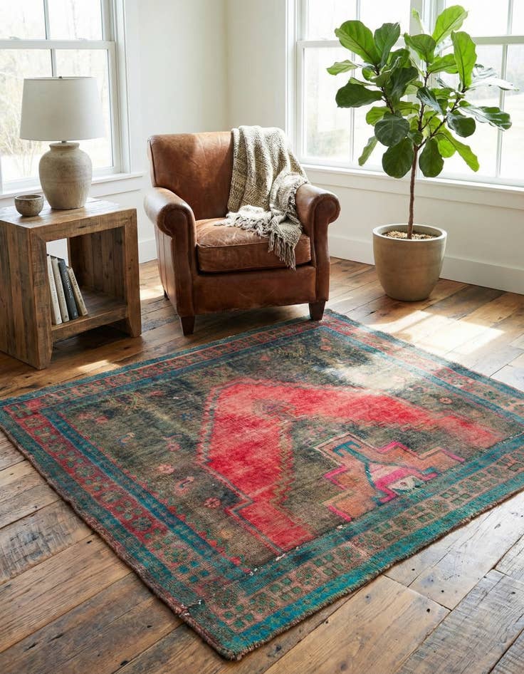 Detail image of 4' 4 x 4' 4  Hand Knotted Ultra Vintage Persian Wool Square Rug